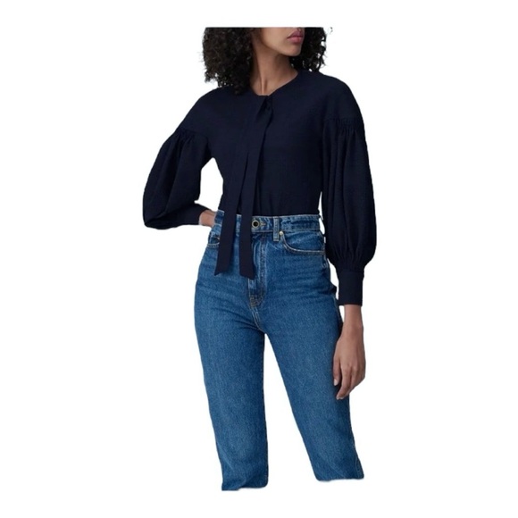 Teija Navy Blue Frill Blouse Button Front Long Puff Sleeves Silk Seersucker 16 - Picture 4 of 9